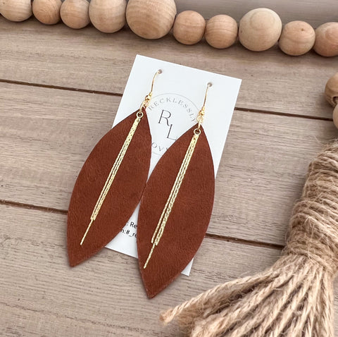 Brown Leather Earring with gold waterfall accent.