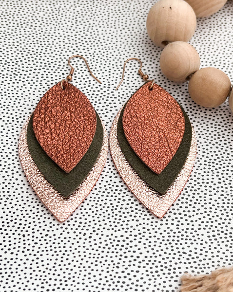 Rose gold, olive green, and bronze layered earring.