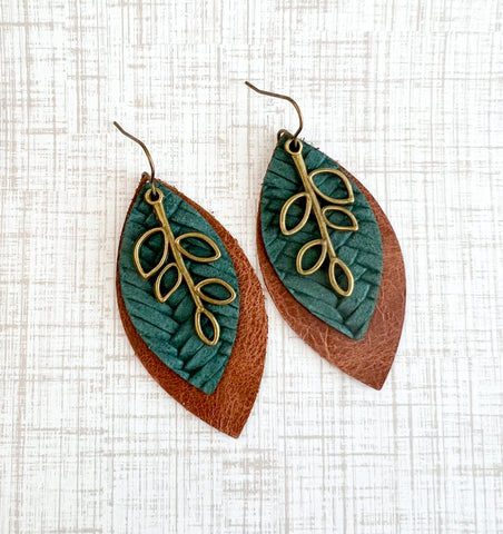 Brown and Deep Green Leaf Earrings