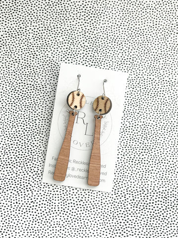 Ball and Bat Wood Earrings